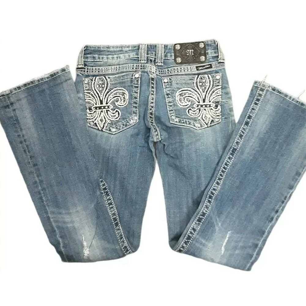 Miss Me Jeans Skinny Slim Fleur De lis Rhinestone Denim JP5109SK-2 Sz 27